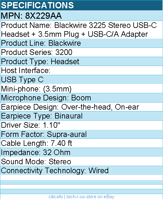 HP Poly 8X229AA Blackwire 3225 Stereo USB-C Headset + 3.5mm Plug + USB-C/A