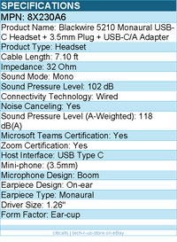 HP Poly 8X230A6 Blackwire 5210 Monaural USB-C Headset + 3.5mm Plug