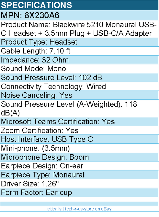 HP Poly 8X230A6 Blackwire 5210 Monaural USB-C Headset + 3.5mm Plug