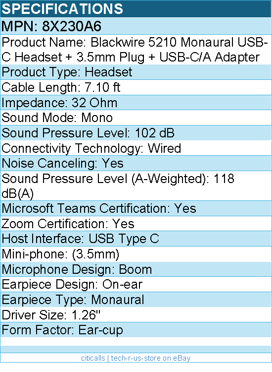 HP Poly 8X230A6 Blackwire 5210 Monaural USB-C Headset + 3.5mm Plug