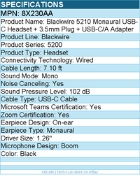 HP Poly 8X230AA Blackwire 5210 Monaural USB-C Headset - Mono - Black