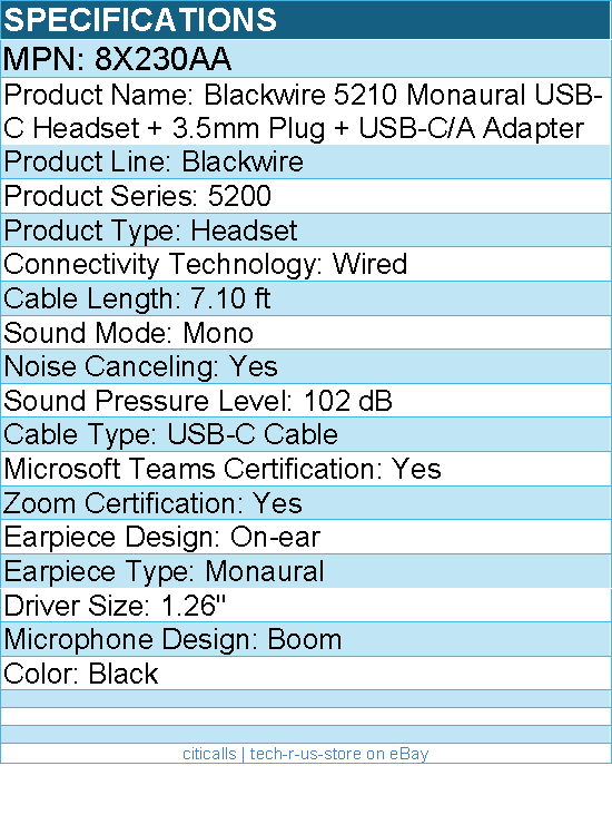 HP Poly 8X230AA Blackwire 5210 Monaural USB-C Headset - Mono - Black