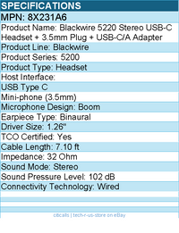HP Poly 8X231A6 Blackwire 5220 Stereo USB-C Headset + 3.5mm Plug + USB-C/A