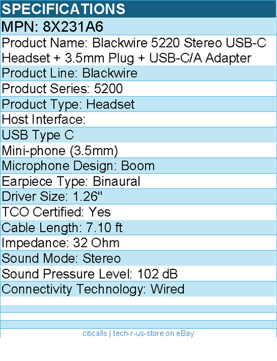 HP Poly 8X231A6 Blackwire 5220 Stereo USB-C Headset + 3.5mm Plug + USB-C/A