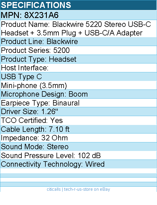 HP Poly 8X231A6 Blackwire 5220 Stereo USB-C Headset + 3.5mm Plug + USB-C/A