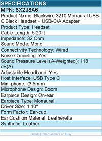 HP Poly 8X2J8A6 Blackwire 3210 Monaural USB-C Black Headset - 5.20 ft