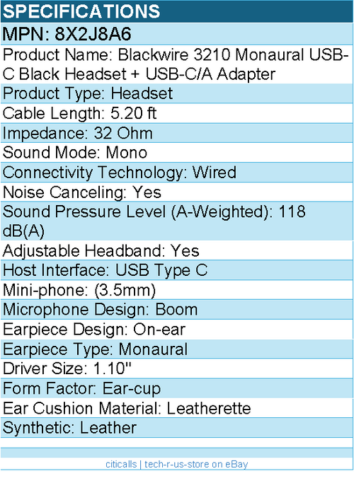 HP Poly 8X2J8A6 Blackwire 3210 Monaural USB-C Black Headset - 5.20 ft