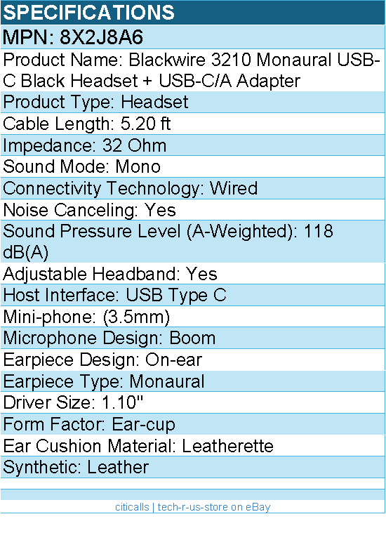 HP Poly 8X2J8A6 Blackwire 3210 Monaural USB-C Black Headset - 5.20 ft