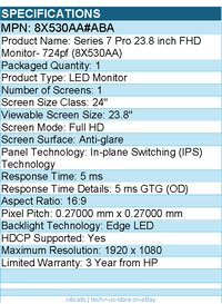 HP 8X530AA#ABA 724pf 24" Class Full HD LED Monitor - 16:9 - 1920 x 1080