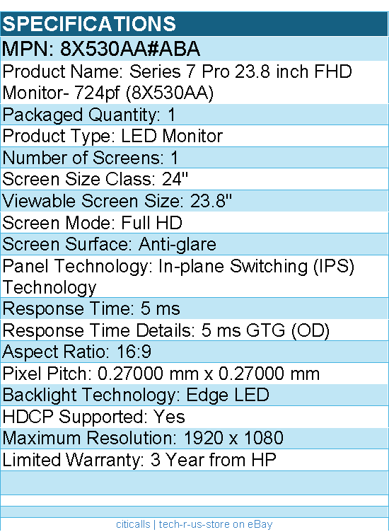 HP 8X530AA#ABA 724pf 24" Class Full HD LED Monitor - 16:9 - 1920 x 1080
