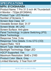 HP 8Y2K9AAABA 7 Pro 732pk 32" Class 4K UHD LED Monitor - 16:9 - Black, Gray