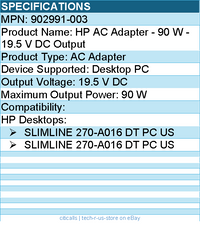 HPI 902991-003 HP AC Adapter - 90 W - 19.5 V DC Output - Black