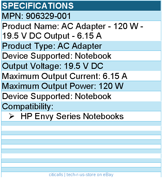 HPI 906329-001 AC Adapter - 120 W - 19.5 V DC Output - 6.15 A