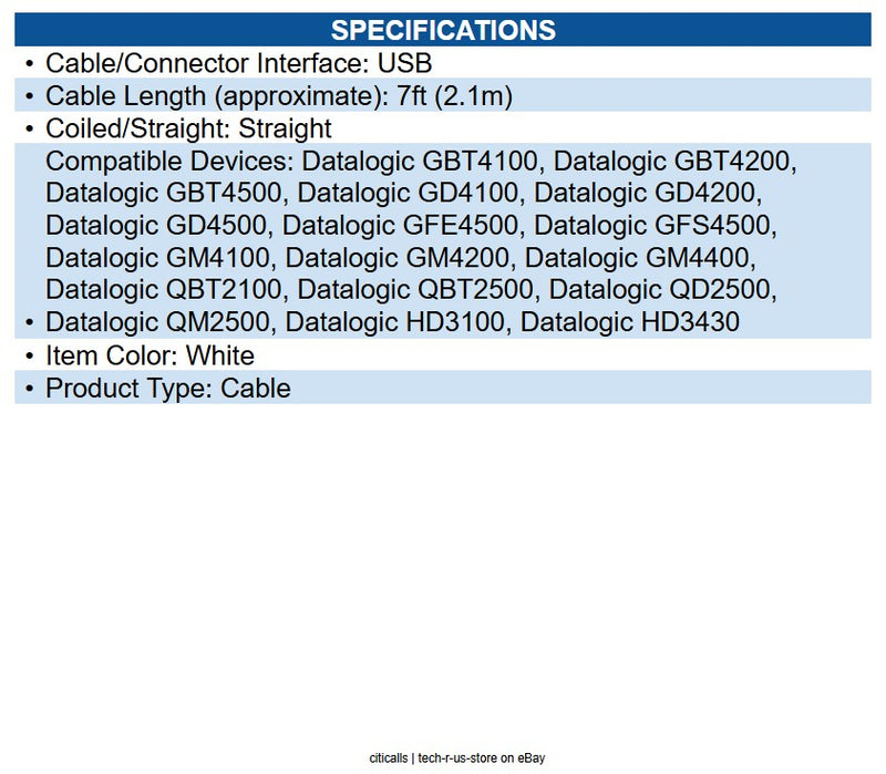 Datalogic 90A052278 Cable, USB, Type A, TPUW, Straight, 2M, White