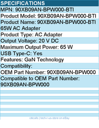 BTI 90XB09AN-BPW000-BTI 20V 65W TYPE-C GAN AC ADAPTER - Black