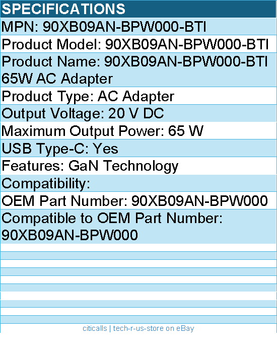BTI 90XB09AN-BPW000-BTI 20V 65W TYPE-C GAN AC ADAPTER - Black