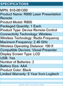 Logitech 910-001350 Professional Presenter R800 - For Visual Presenter LCD