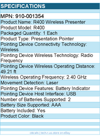 Logitech 910-001354 Wireless Presenter R400 - Laser - USB - Black
