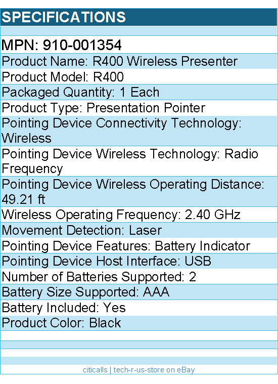 Logitech 910-001354 Wireless Presenter R400 - Laser - USB - Black