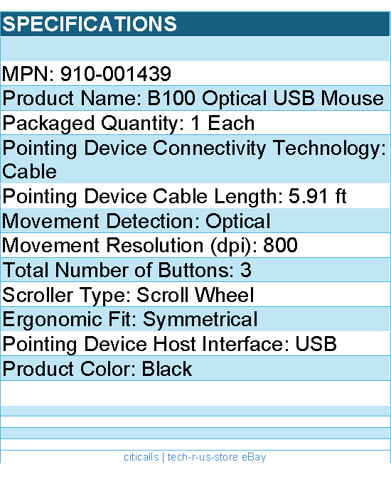 Logitech 910-001439 USB B100 Optical Mouse 800 dpi - Black - Retail