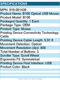 Logitech 910-001439 B100 Optical USB Mouse - 5.91 ft Cable - Black