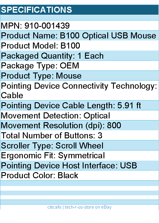 Logitech 910-001439 B100 Optical USB Mouse - 5.91 ft Cable - Black