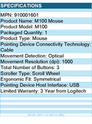 Logitech 910001601 M100 Wired USB Mouse, 3-Buttons,1000 DPI Optical Tracking