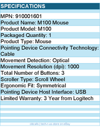 Logitech 910001601 M100 Wired USB Mouse, 3-Buttons,1000 DPI Optical Tracking