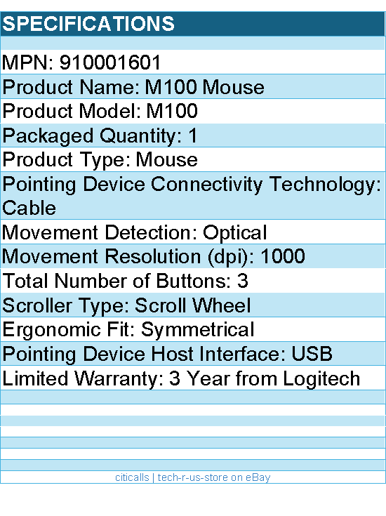Logitech 910001601 M100 Wired USB Mouse, 3-Buttons,1000 DPI Optical Tracking