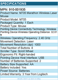 Logitech 910-001935 M705 Marathon Wireless Mouse, 2.4 GHz USB Unifying Receiver