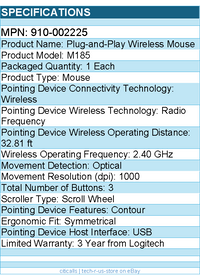 Logitech 910-002225 M185 Wireless Mouse, 2.4GHz with USB Mini Receiver
