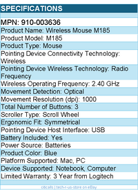 Logitech 910-003636 M185 Wireless Mouse, 2.4GHz with USB Mini Receiver
