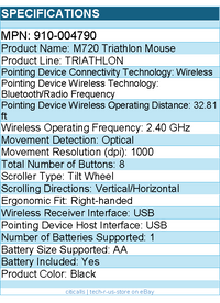 Logitech 910-004790 M720 Triathlon Multi-Device Wireless Mouse, Bluetooth -Black
