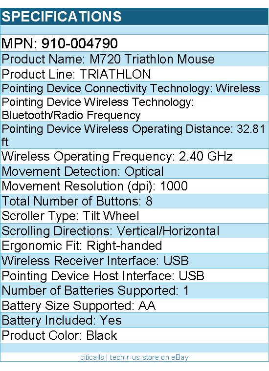 Logitech 910-004790 M720 Triathlon Multi-Device Wireless Mouse, Bluetooth -Black
