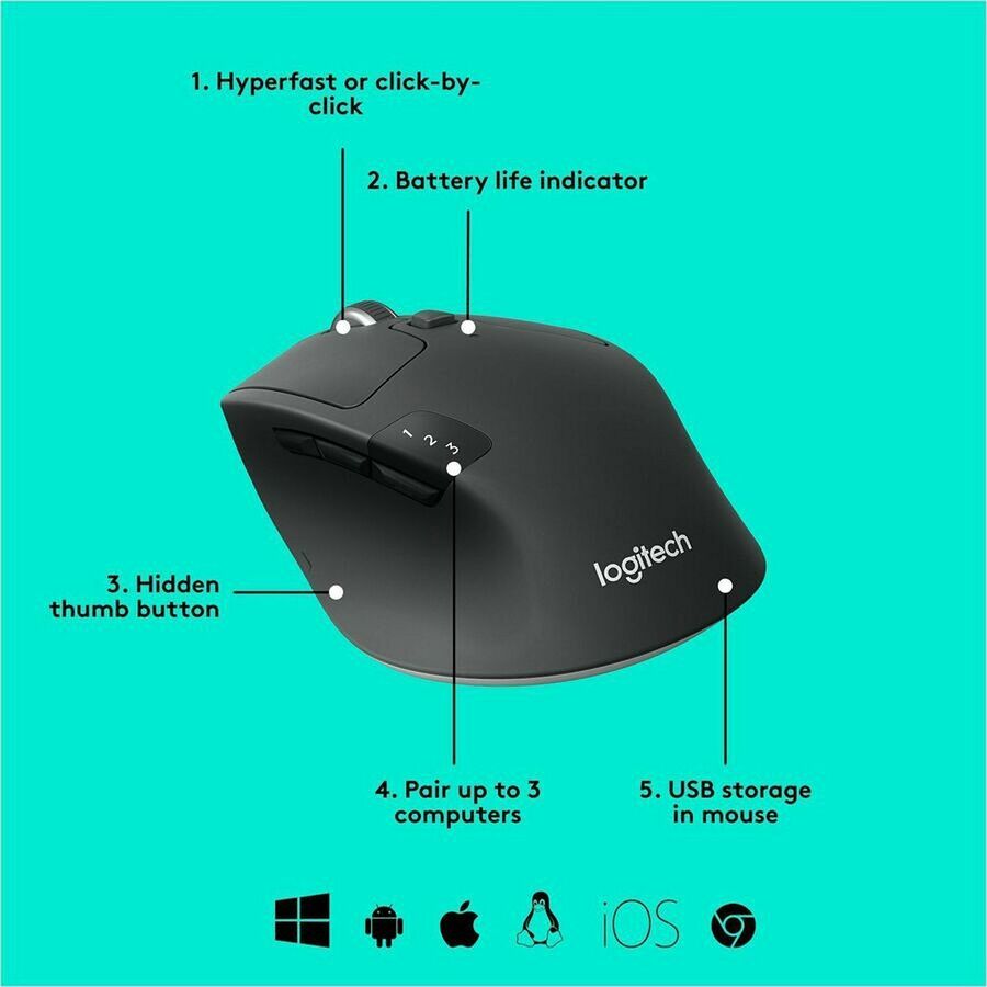 Logitech 910-004790 M720 Triathlon Multi-Device Wireless Mouse, Bluetooth -Black