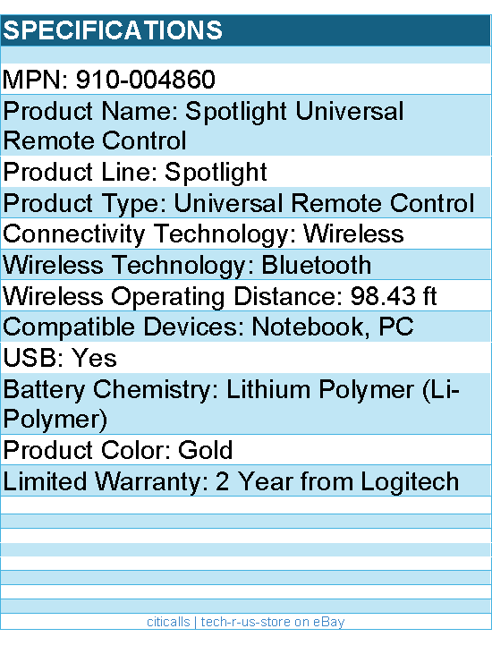 Logitech 910-004860 Spotlight Presentation Remote - Wireless - For Notebook, PC