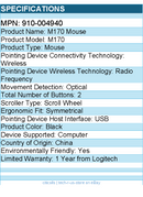 Logitech 910-004940 Wireless Mouse M170 (Black) - Optical - Radio Frequency