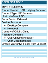 Logitech 910-005235 RF Receiver for Desktop Computer, Notebook