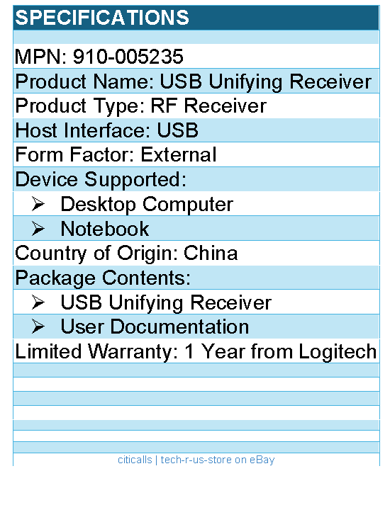 Logitech 910-005235 RF Receiver for Desktop Computer, Notebook