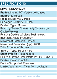 Logitech 910-005447 MX Vertical Wireless Mouse - Ergonomic Design