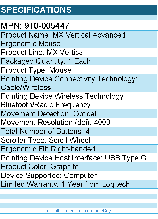 Logitech 910-005447 MX Vertical Wireless Mouse - Ergonomic Design