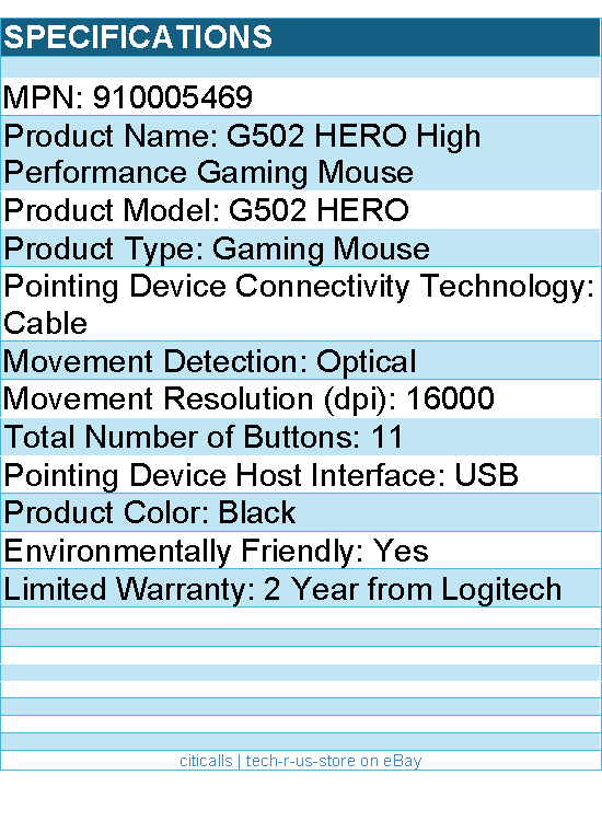 Logitech 910005469 G502 HERO High Performance Gaming Mouse - 16000 dpi - Black