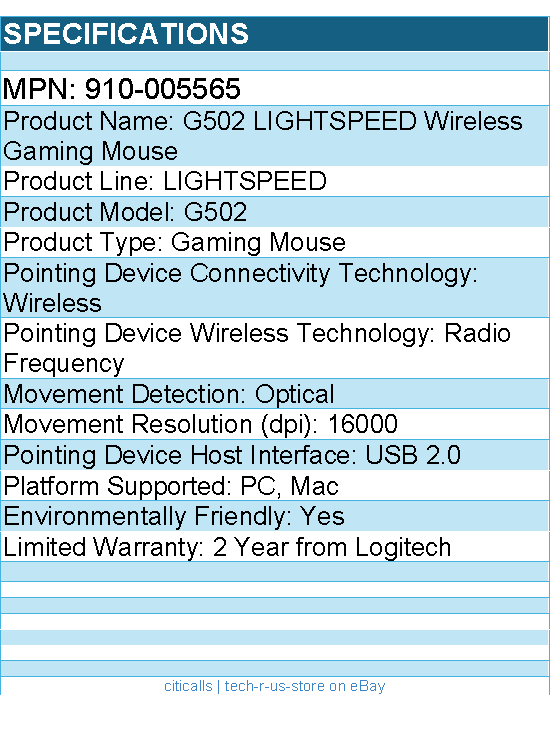 Logitech 910-005565 G502 LIGHTSPEED Wireless Gaming Mouse - Optical - Wireless