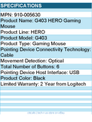 Logitech 910-005630 G403 HERO Gaming Mouse - Optical - 6 Button(s) - Black
