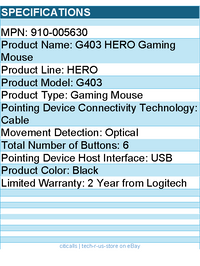 Logitech 910-005630 G403 HERO Gaming Mouse - Optical - 6 Button(s) - Black