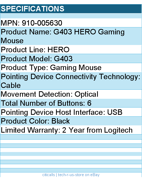 Logitech 910-005630 G403 HERO Gaming Mouse - Optical - 6 Button(s) - Black