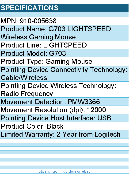 Logitech 910-005638 G703 LIGHTSPEED Wireless Gaming Mouse - Black