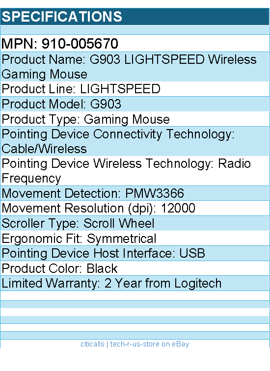 Logitech 910-005670 G903 LIGHTSPEED Wireless Gaming Mouse - Black