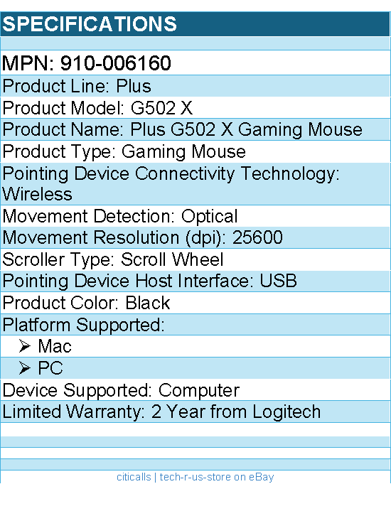 Logitech 910-006160 G Plus G502 X Gaming Mouse - Optical - Wireless - USB