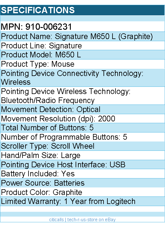 Logitech 910-006231 Signature M650 L Full Size Wireless Mouse - Optical
